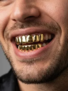 Gold Silver Hip Hop Teeth Grills Set - 6 Top Teeth and 6 Bottom Teeth With silicone No Mosaic Bling Style 2 Pieces/Set