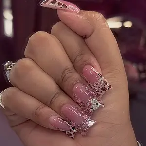 24 pieces of pink French leopard print ballet wearing nails, detachable false nails, Press On Nail, ladies' manicure, enhance temperament, comes with glue, firm and not easy to fall off