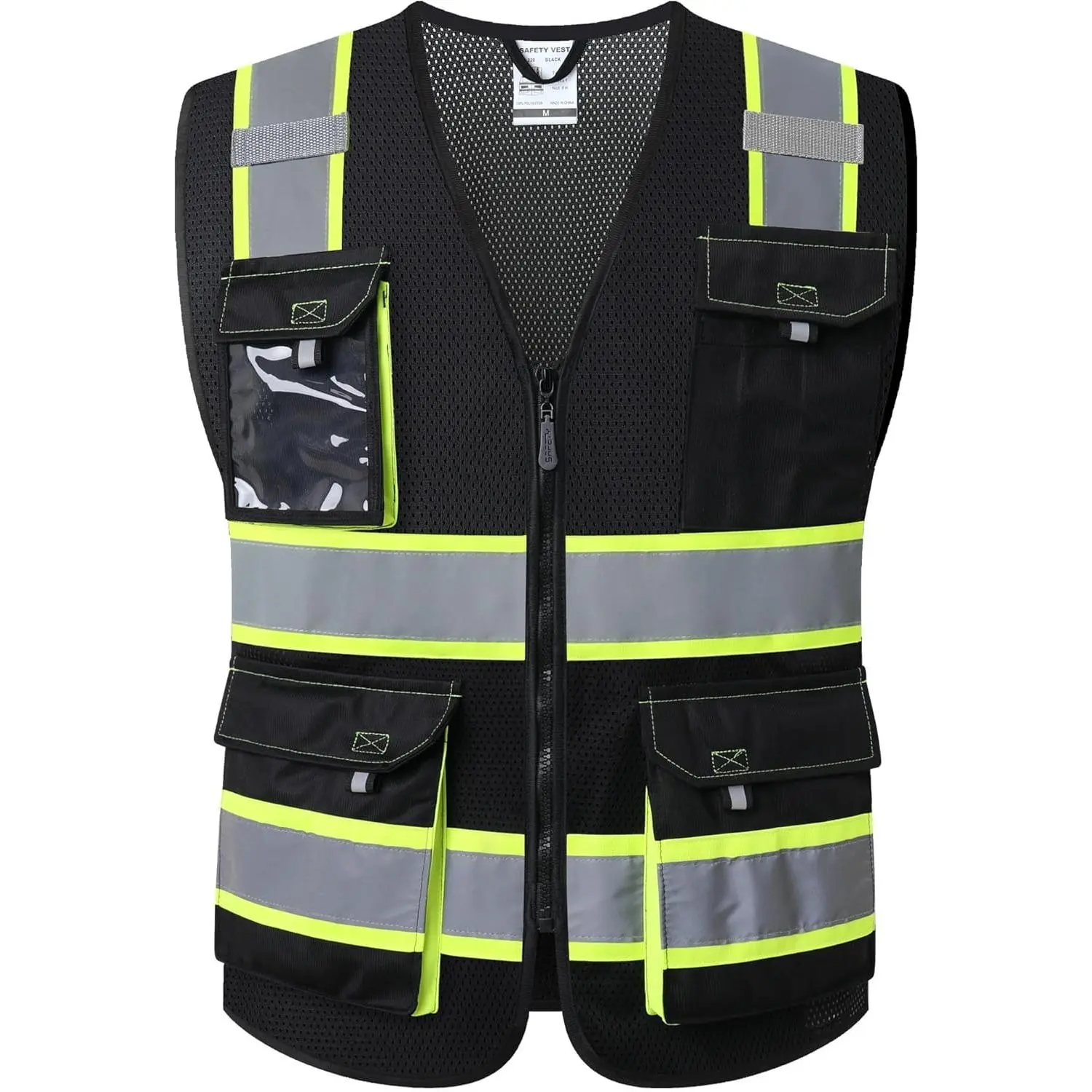 Hi Vis Reflective Safety Vests for Men Women High Visibility Vest with Pockets Mesh Fabric Construction Safety Apparel Neon Vest for Work (220-Black S), Reflective Strips, Unisex Wear