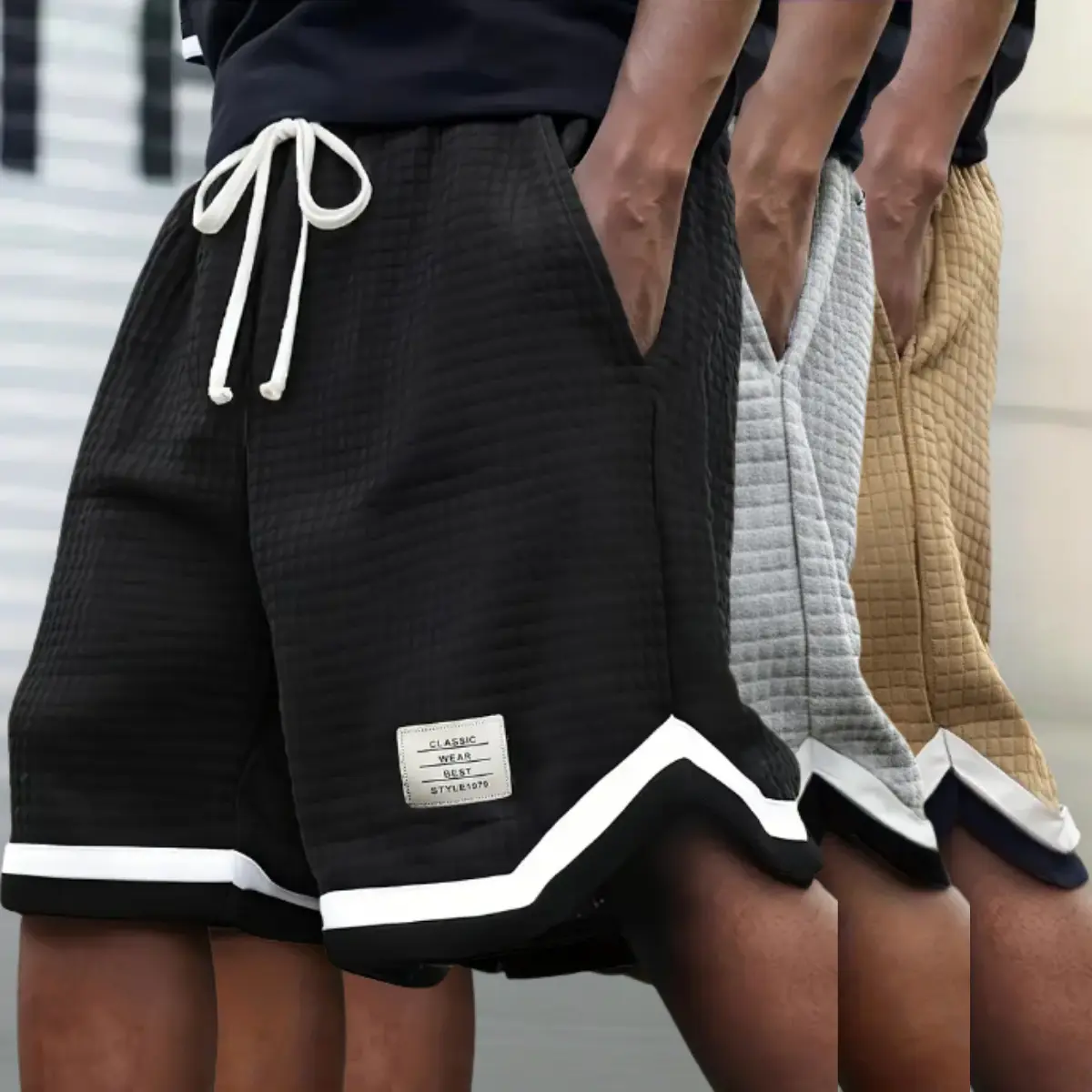 Men's Plus-Size Basic Casual Shorts - Waffle Textured Solid Color, Adjustable Embroidery Letter Pattern, Elastic Adjustable Drawstring, Diagonal Pockets, Aesthetic Summer Sports Shorts, Adjustable Drawstring Men's Shorts