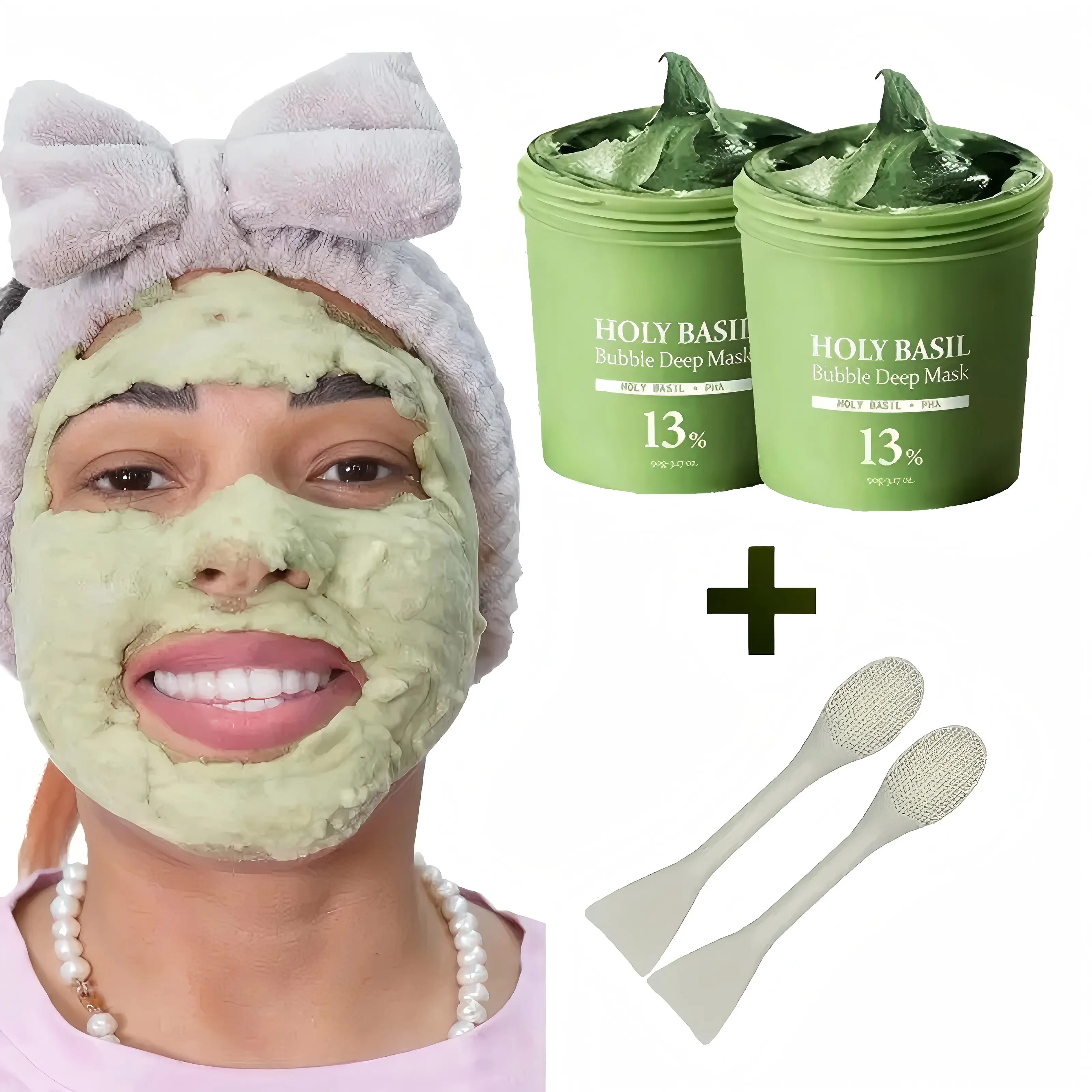 Holy Basil Bubble Deep Mask – Holy Basil & Carbonated Water for Cleansing Pores & Blackheads, Suitable for All Skin Types, Vegan Clay-to-Bubble Wash-Off Mask (90g / 3.17 oz)