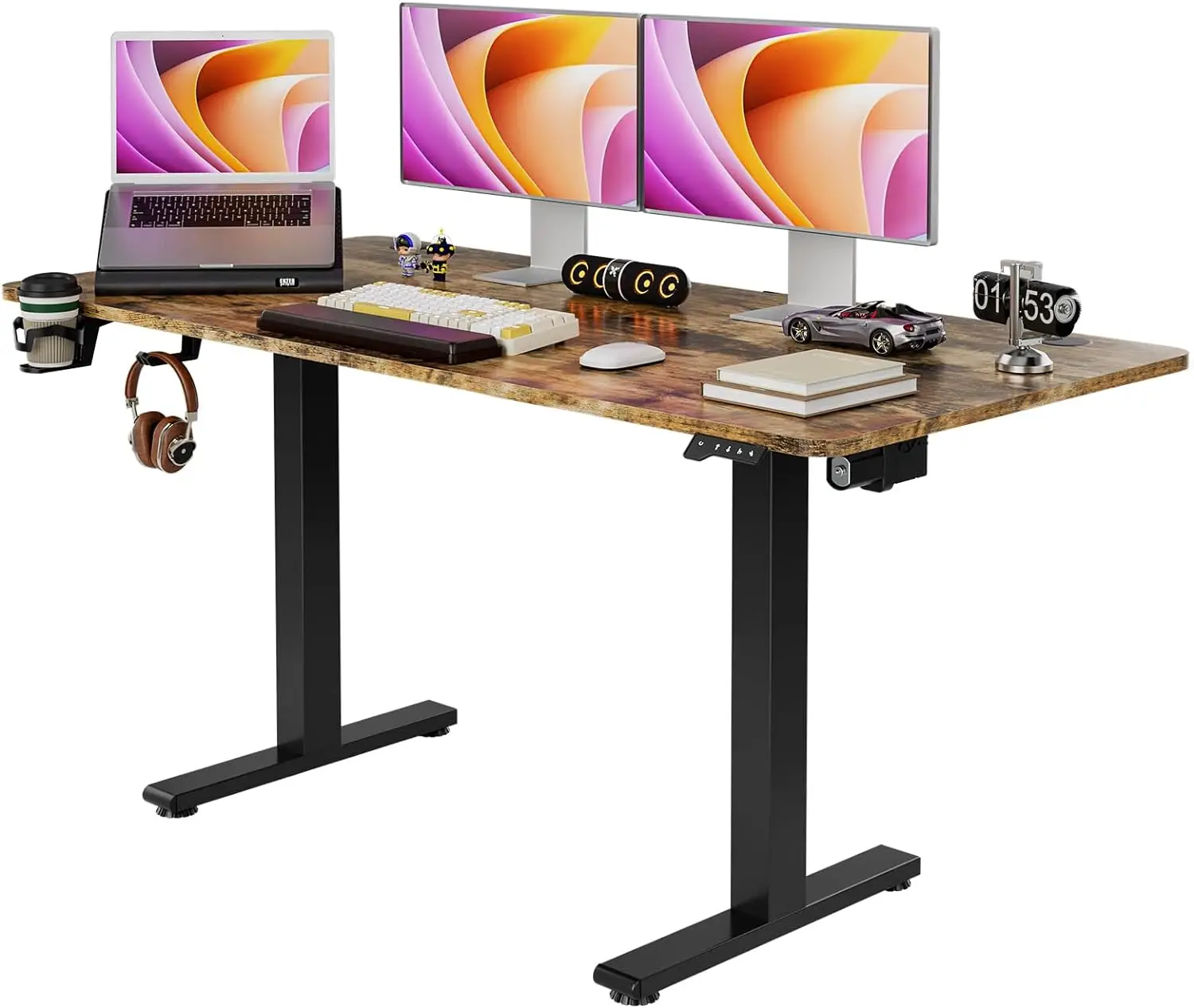 Standing Desk - Height Adjustable Desk, Stand up Desk, Sit Stand Home Office Desk with Splice Board, Black Frame/Rustic Brown Top grey stable electri