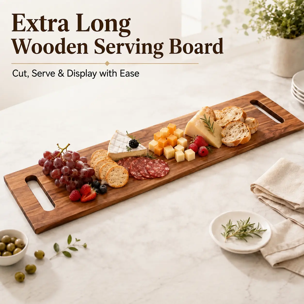 36-inch extended wooden platter with handle, rectangular serving tray for prepared foods, suitable for parties, Easter gifts, camping, and wedding receptions; multifunctional platter that holds bread, meat, and fruit; rectangular cutting board tray