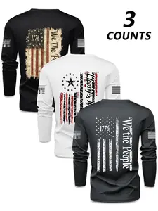 Men's Round Neck Long Sleeve T-Shirt Set, Flag Pattern Print, Comfortable Durable Breathable Soft Fabric, Gym Sports Daily Wear, Athletic Training Apparel, Gym Tees