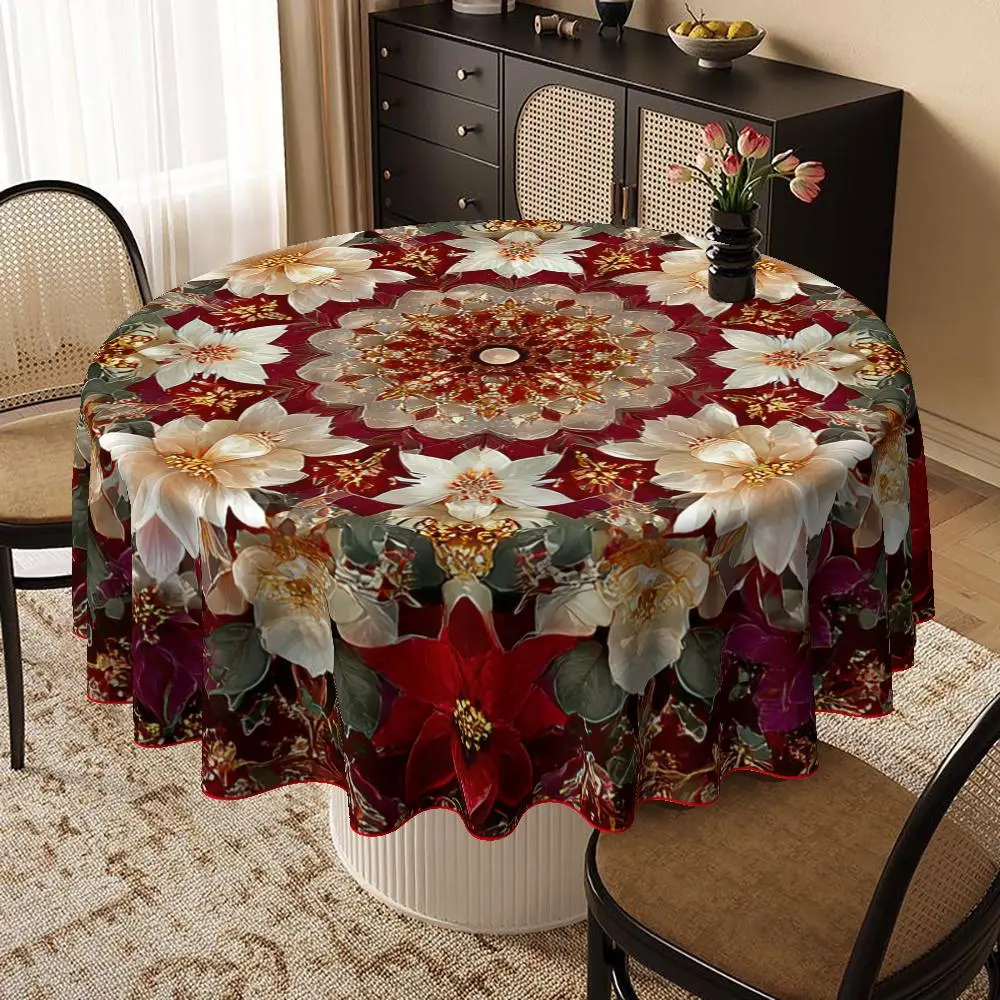 EastJia 1pc Polyester Round Spring Decoration Tablecloth - 2D Flat Print, Poinsettia & Mandala-Style Floral Pattern, Durable, Easy to Clean, Machine-Made, Ideal for Party Dining & Home Decor