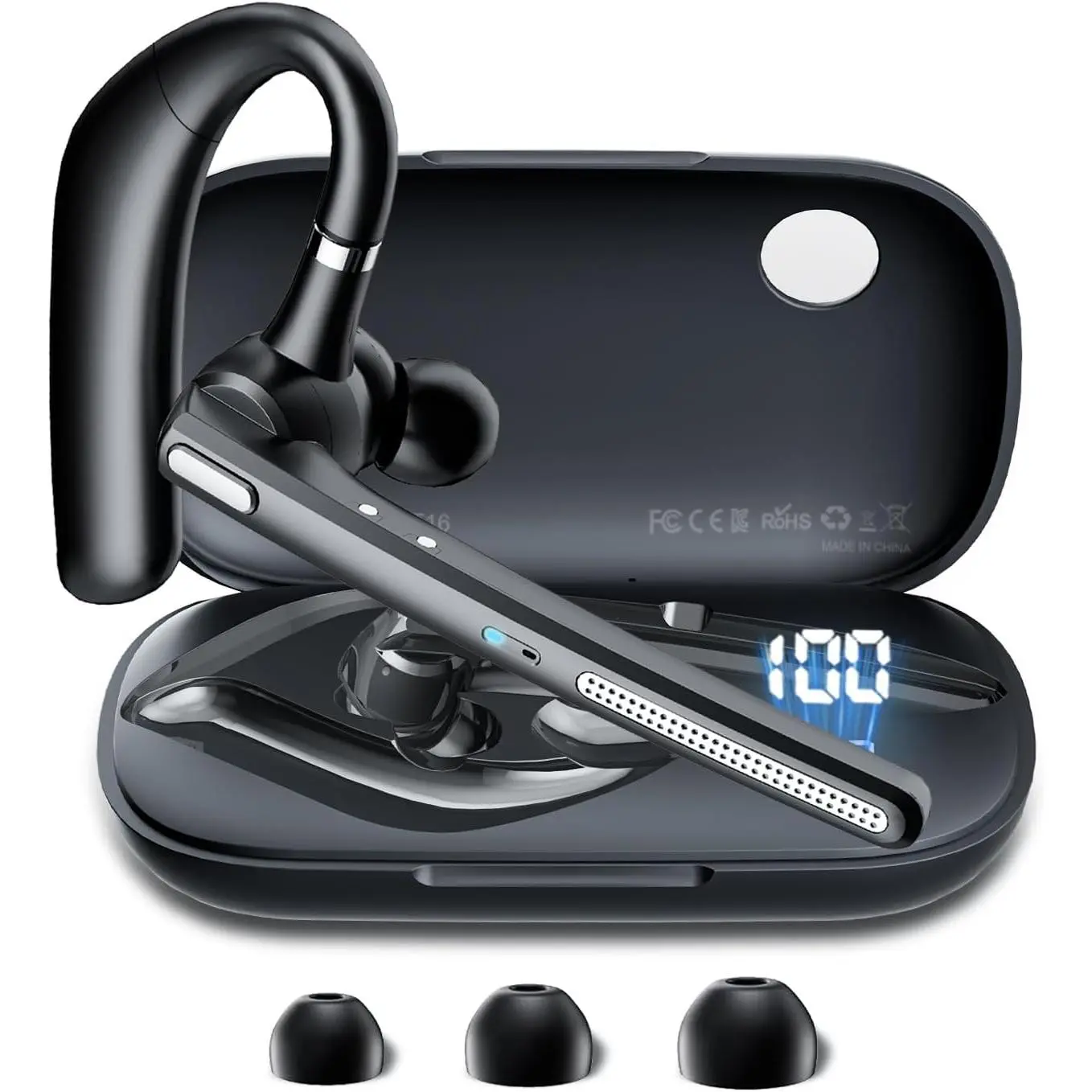 P-HPS012  Bluetooth Headset V5.3, Wireless Earpiece with 500mAh Charging Case Hand-Free Headphones Noise Canceling Mic for Office/Driving/Business