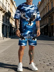 Men's 3D eagle print casual and stylish two-piece set, featuring a summer sporty crew neck short-sleeved top and drawstring shorts, suitable for outdoor and street wear.