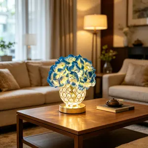 3 Color Artificial Blue Hydrangea Flower Lamp Night Light, Gold Crystal Vase Desk Lamp for Bedroom Living Room Bar Coffee Shop Decor, Birthday Christmas Mothers Day Valentines Day Gifts for Women Mom Wife Friend