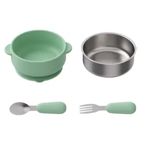 An 4 PCS Stainless Steel Silicone Bowl and Spoon Fork Set with Suction First Stage Self Feeding Essentials Food Bowl for 6+ Month