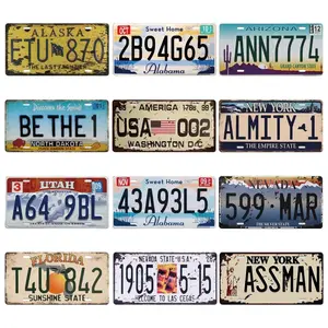Vintage License Plate Pattern Metal Nameplate Sign, 12pcs/set Wall Hanging Iron Poster, Wall Art Decor Rustic Farmhouse Design for Home Living Room Bedroom Study Room, Vintage Garage Signs