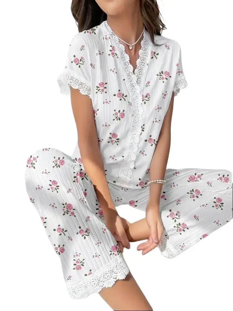 PHEFEE Women's Cotton-Like Rib Pajama Set, V-Neck Lace Trim Short Sleeve Top & Long Pants, Soft Breathable Loungewear Set for All Seasons