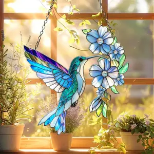 Hummingbird Suncatcher Acrylic Window Hanging – Blue Stained Glass Style Bird with Flowers – Sun Catcher Home Decor Gift for Nature Lovers, Decoration, Hangable