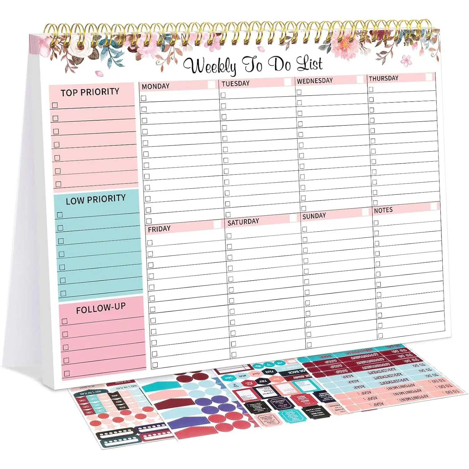 Undated Weekly Productivity Planner Notepad - 52 Sheets, 8.5"x11" Spiral-Bound Desk Organizer for Office & School Use