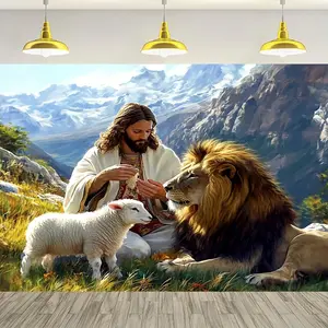 1pc 2D Flat Jesus, Lion & Lamb Banner - Versatile Polyester Fabric Decor with Holes for Indoor/Outdoor Use, No Power Needed