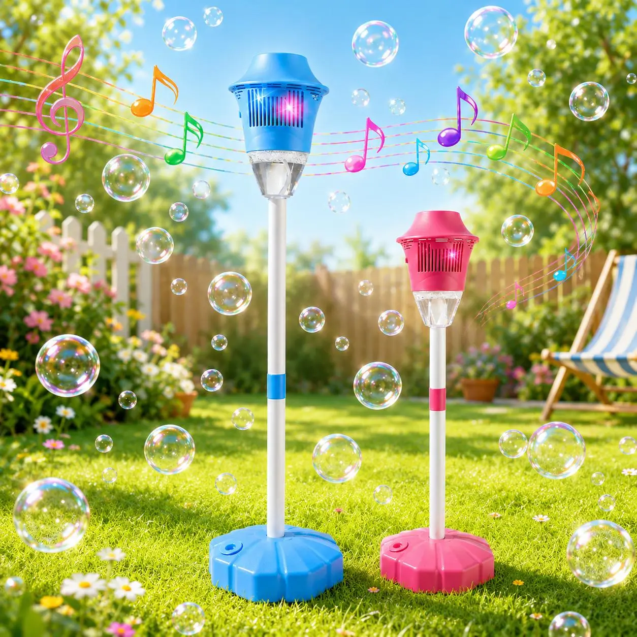 Automatic Bubble Machine for Kids, Height Adjustable Bubble Maker with Lights and Music, Standing Base and Lawn Stake for Outdoor Play and Birthday Parties