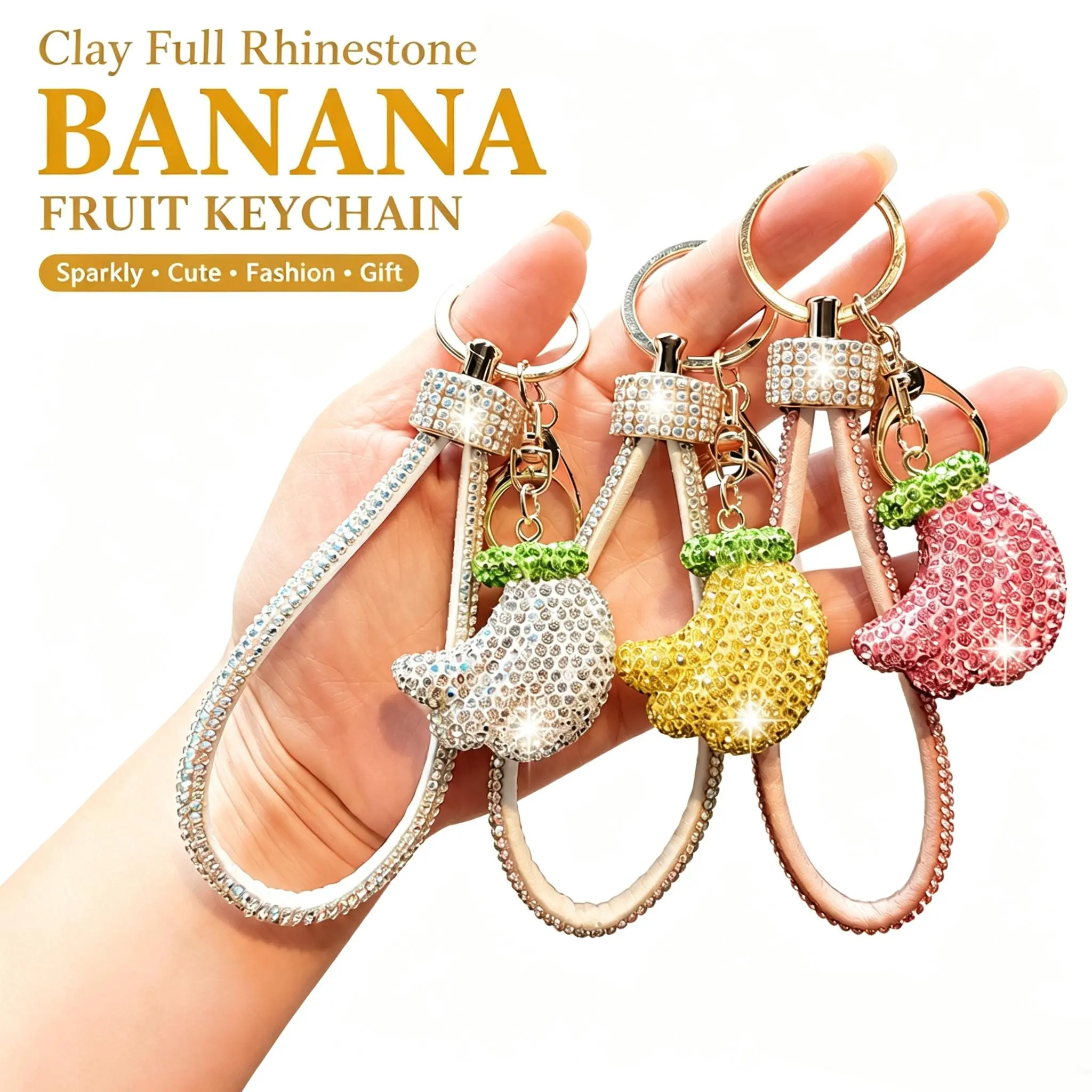 Clay-Base Full Bling Banana Charm Keychain, Sparkly Crystal Car Key Accessory, Cute Fruit Shape Bag Pendant Gift for Women (Phones & Electronics Phone Straps & Charms), Keychains