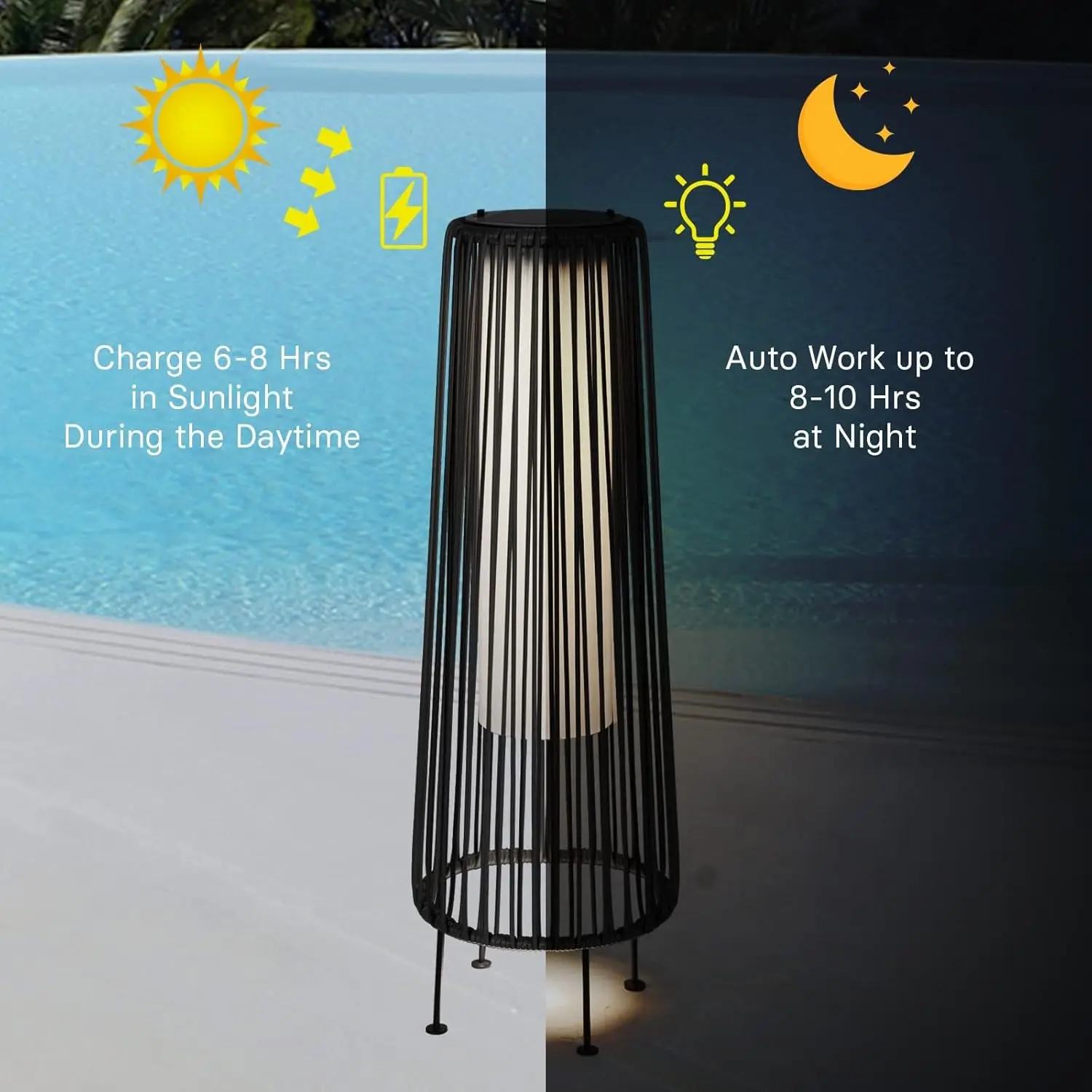 JT MOROLUX Solar Rattan Floor Lamp, Waterproof LED Standing Light, Handwoven Wicker Outdoor Light with Auto On/Off, Water Resistant Decor for Garden, Porch, Lawn - Black