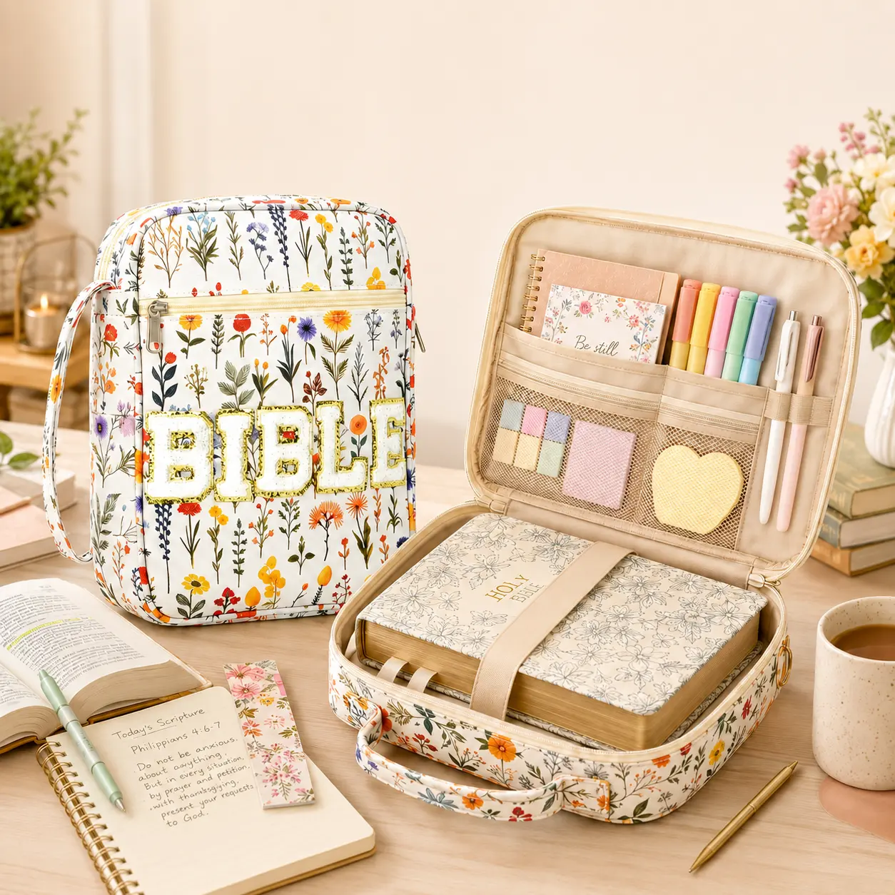 Bible Study Bag with Accessories, Compartmentalized Stationery Organizer and Floral Bible Case with Handle for Church, Carry Bible, Notes and Study Tools Together, Christian Gift for Women, Dorm Essentials and Daily Devotion Storage