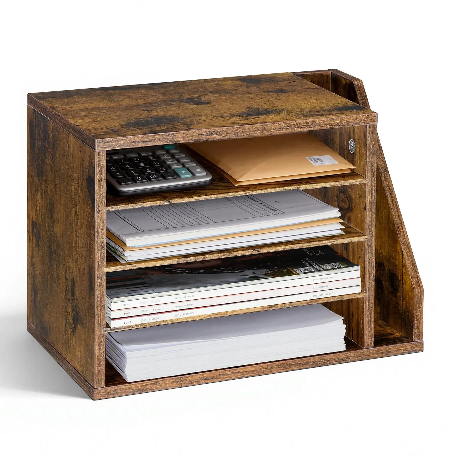 【Summerfinds】VEVOR Brown MDF Wood Desk Literature Organizer - 4 Visible Comp., Built-in Holder File Racks, Detachable Shelf, Clutter-Free File Racks, Space Saving Furniture for Office Workers