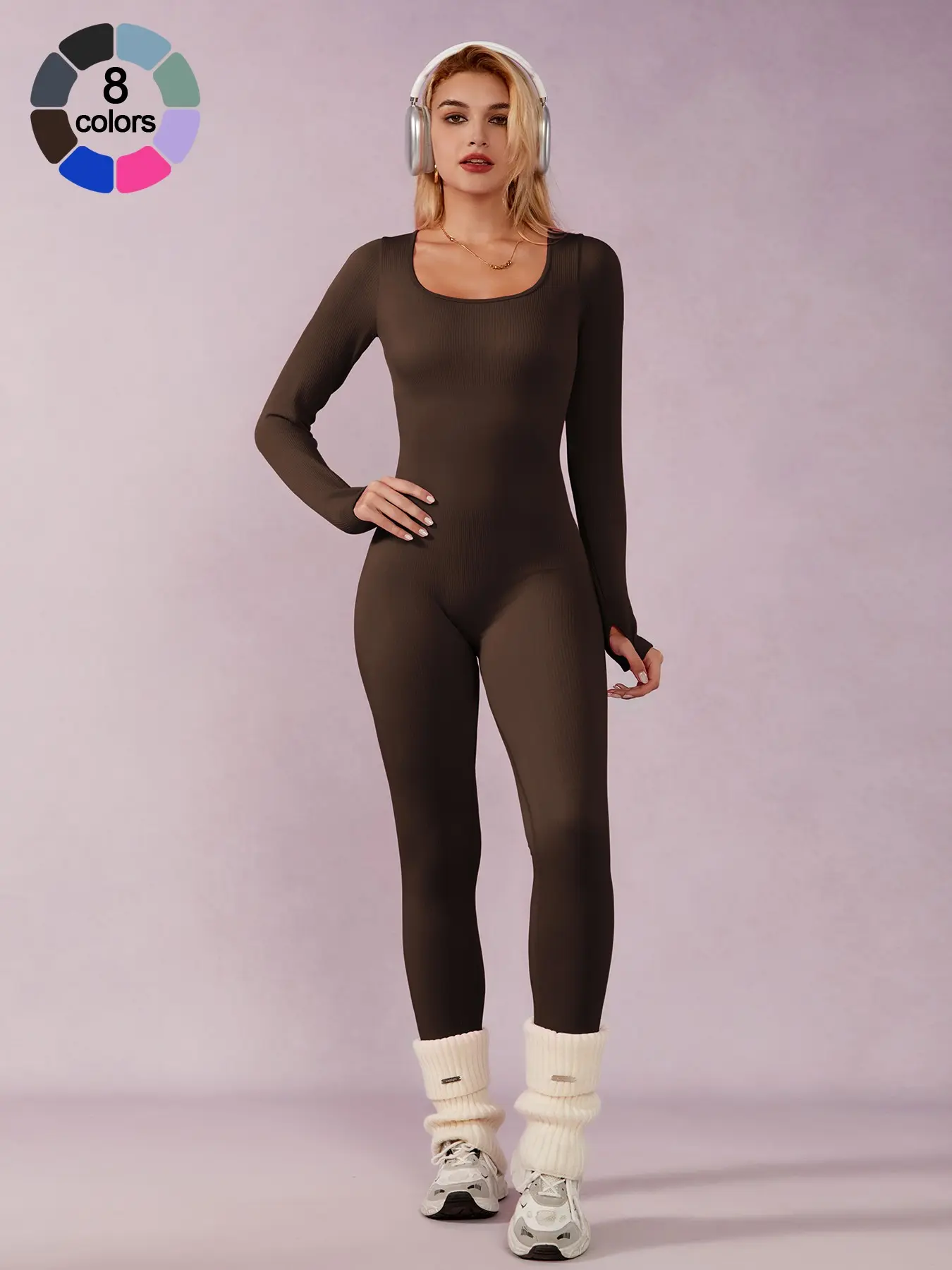 Women's Sporty Comfy Yoga Jumpsuit U-Neck Design, Tight Ribbed Waist, Seamless Knit Fabric, Long Sleeve, Above Ankle Length, Spring & Fall, Yoga Workout Jumpsuits