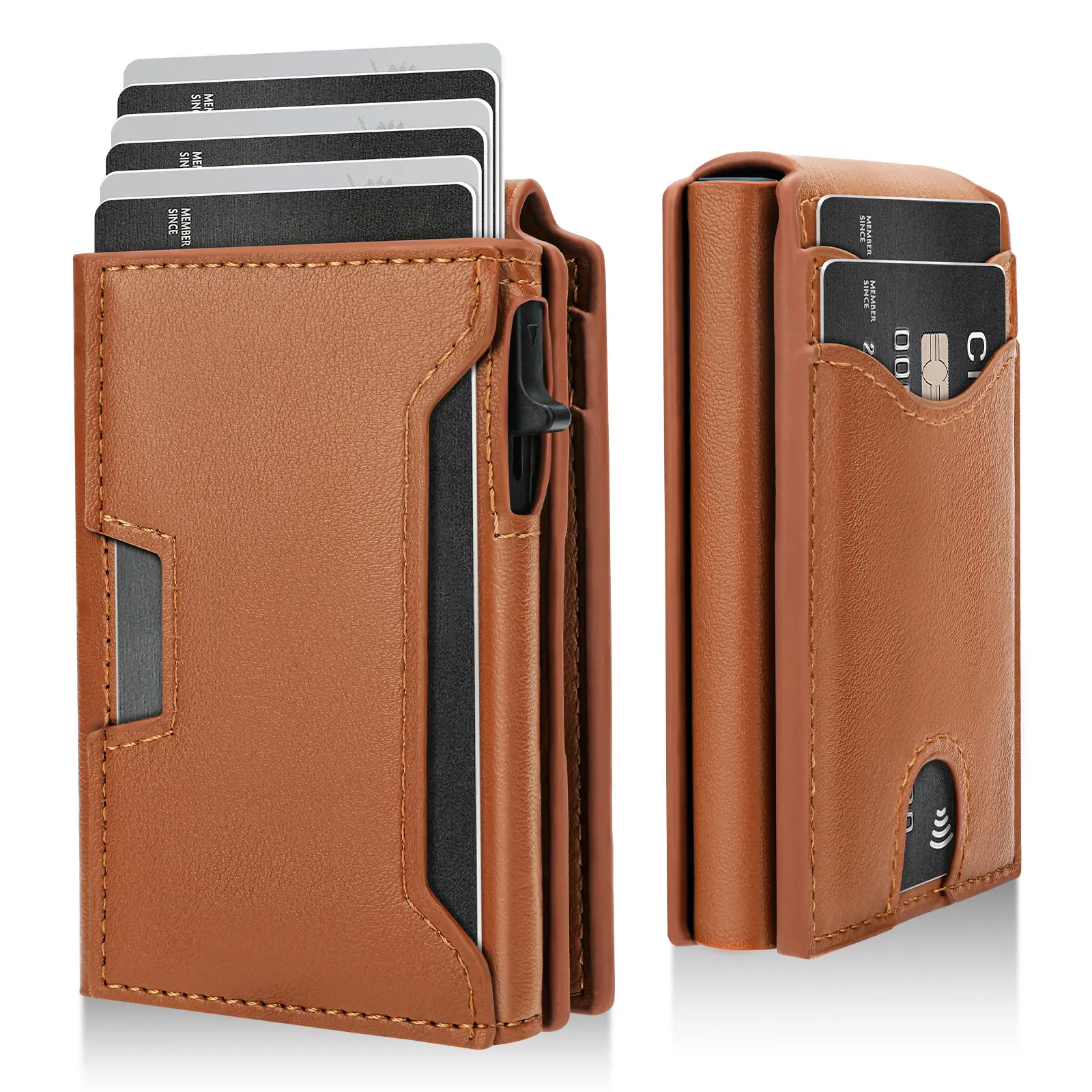 Smart Wallet for Men, Leather Press Open Card Holder with RFID Blocking, Minimalist Slim Design, Pop-up Case with ID Window & Cash Slot