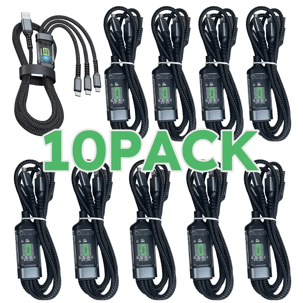 10pcs Nylon Braided MFi Certified 100W LED 3 In 1 Digital Display USB charging cable or 2pcs 100W LED 3 In 1 Digital Display USB charging cable and (2pcs Black and 2pcs Orange)