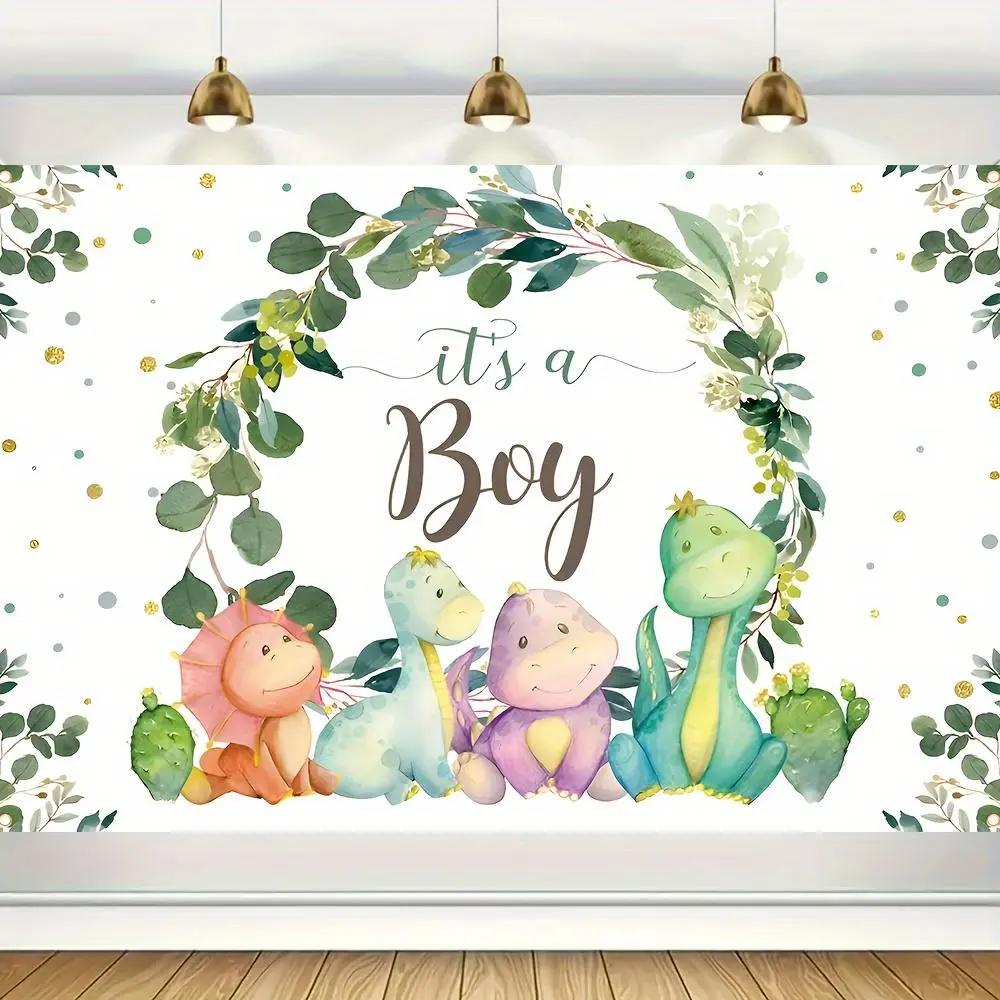 1PC Polyester Reusable 2D Flat Dinosaur Theme Backdrop Banner - Watercolor Green Plants, Cute Dino Decor for Boy Baby Shower, Birthday (Home & Festive Party Supplies Photo Background), Happy Birthday, Flat Banner