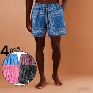 Men's 4-Pack Bandana Shorts - Essential Multi-Color Set with Classic Paisley Print, Casual Drawstring Waist for Summer