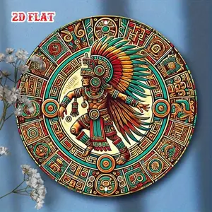 1PC Aluminum Maya Aztec Calendar Wall Art Round Mesoamerican Tribal Feathered Warrior Glyphs Design Ancient Home Decor