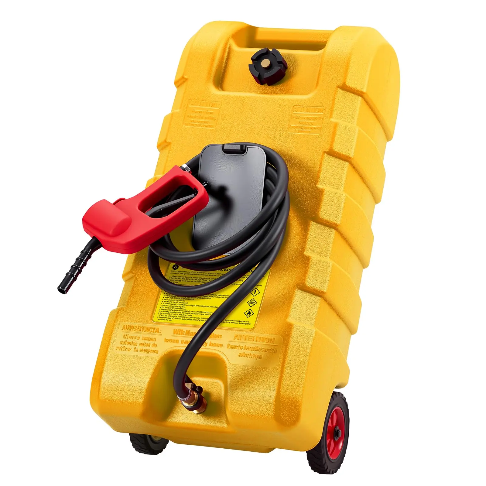 15 Gal Leak-Proof Heavy-Duty Gas Can - Manual Pump Fuel Transfer Tank with 10 Ft Hose, Wheels, Carry Handle, Car Repair Tool for Cars/Boats, Lawn Equipment