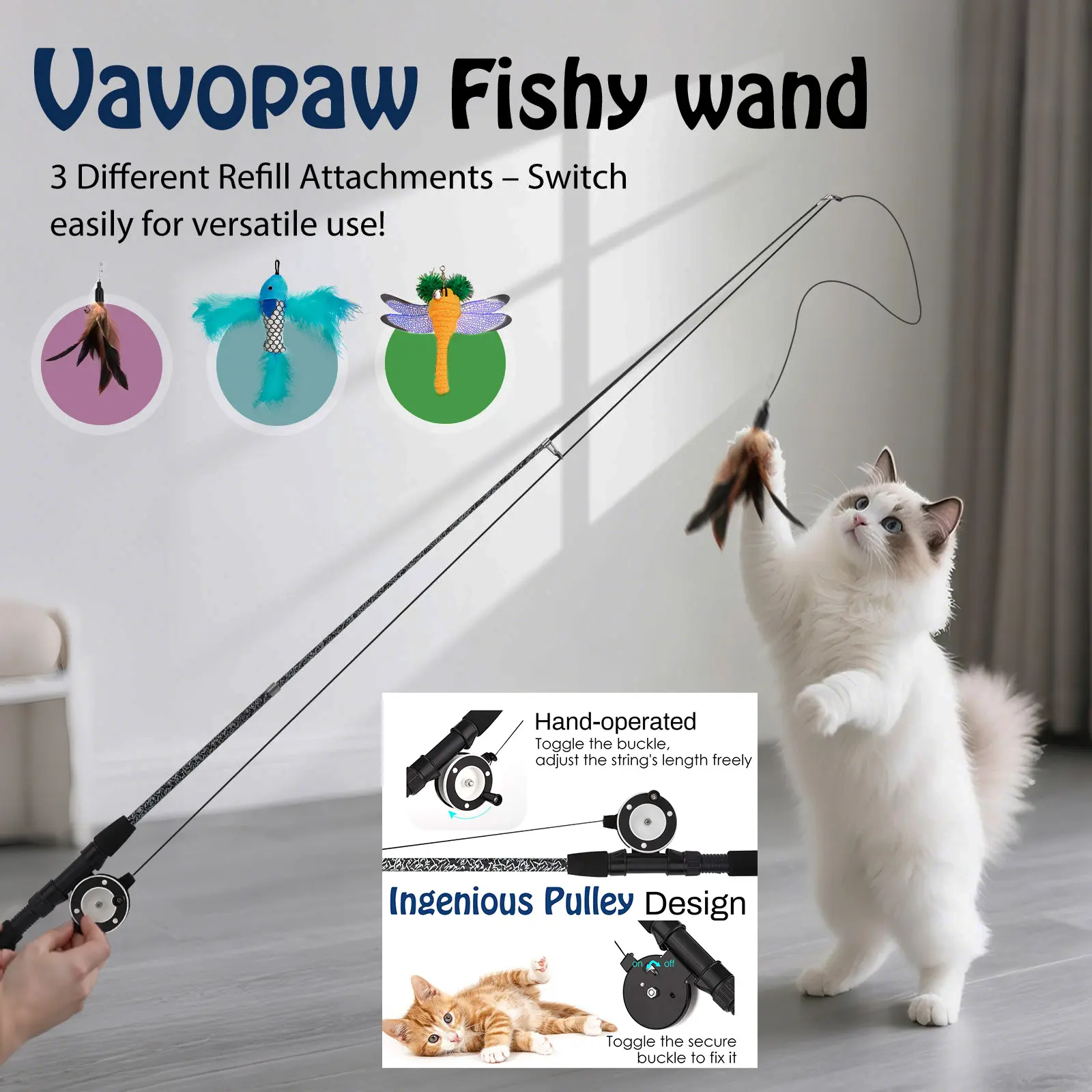 Cat Feather Toys Stuff,Vavopaw Fishy wand, 4 Pack Interactive Cat feather Teaser Wand Toys, Retractable Fishing Pole Wand Catcher Exerciser  with Bells, Fun  Kitten Kitty Toy, gifts,wheelchair seniors arthritis friendly Indestructible