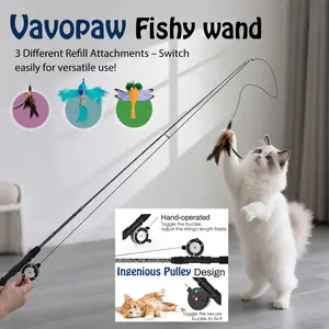 Cat Feather Toys Stuff,Vavopaw Fishy wand, 4 Pack Interactive Cat feather Teaser Wand Toys, Retractable Fishing Pole Wand Catcher Exerciser  with Bells, Fun  Kitten Kitty Toy, gifts,wheelchair seniors arthritis friendly Indestructible