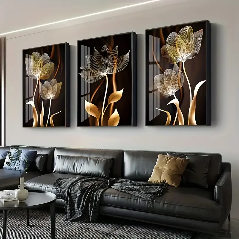 Elegant Unframed Style 3-Piece Black and Golden Floral Prints Set - Waterproof Contemporary Abstract Wall Art, PVC Tube Packaged, Decor for Living Room & Kid Room Home Decor, Unframed Style 3-Piece Set, Living Room Decor