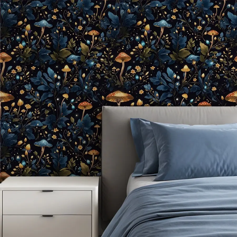 Self-Adhesive Removable Wallpaper, Mushroom Leaf Forest Design, Waterproof, for Living Room Kitchen Bedroom Dorm, Modern Decor Style