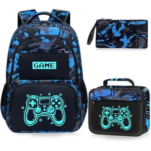 Glow in The Dark Backpack for Boys - 3pcs Game Boys Backpack for Kids Children Teens Elementary Middle School - 17″ Gamer Bookbag Travel Back Pack for Age 6-18