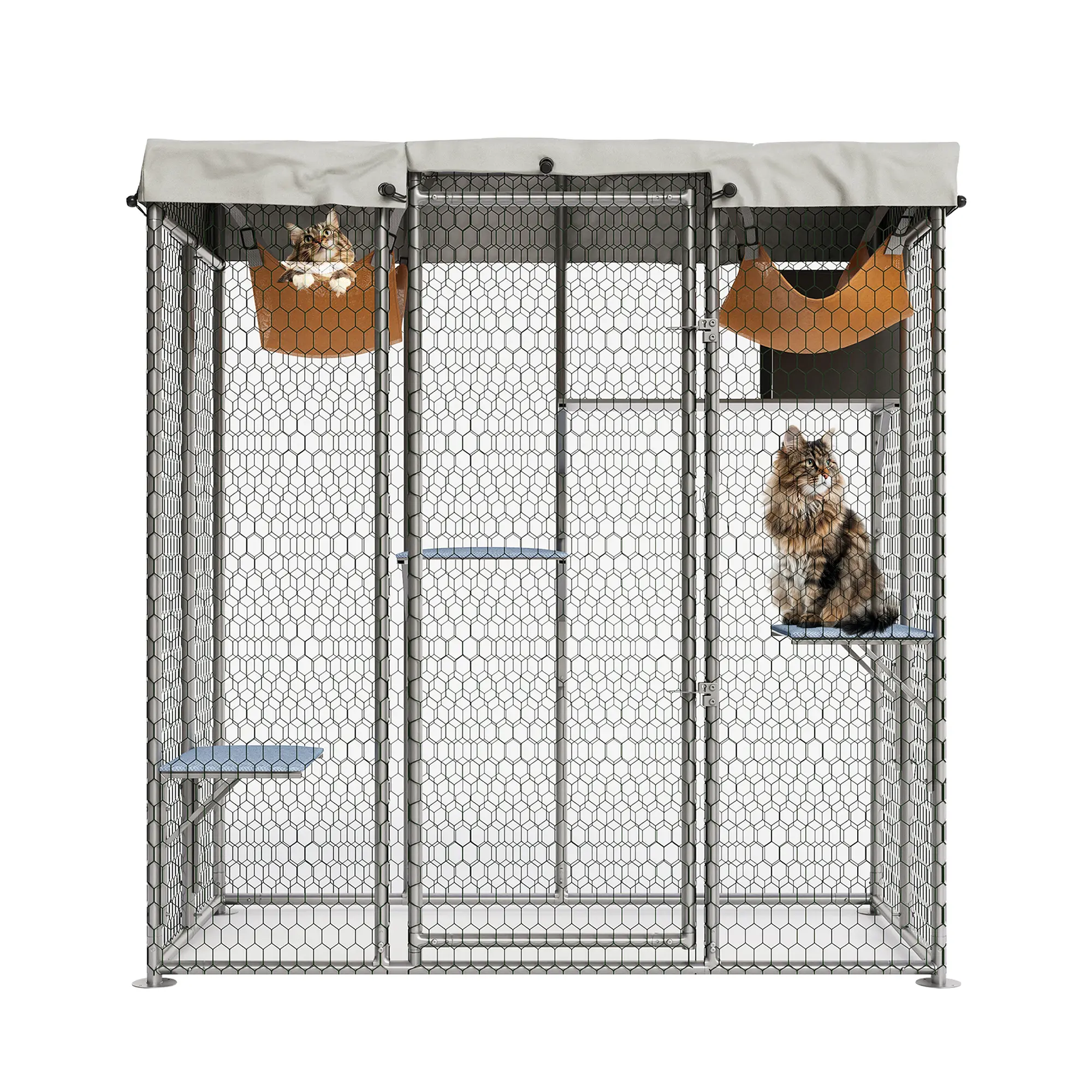 Spacious Chew-Resistant Mesh Walk-In Outdoor Catio, Multi-Cat Enclosure with 4 Multi-Platforms, Hammock, Condo, Weatherproof UV-Roofed Oxford Roof, Easy-Access Window, Escape-Proof Left-Right Lock, Ideal for Garden, Patio
