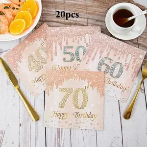40Pc Rose Gold Number 40th 50th 60th 70th Years Old Disposable Paper Napkins for Women Happy Birthday Party Tissue Decoration