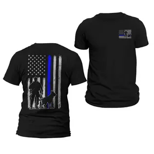 Police K-9 Unit Thin Blue Line Flag Front & Back Print Vertical Brushed Design T-Shirt Casual Classic Crewneck Menswear
