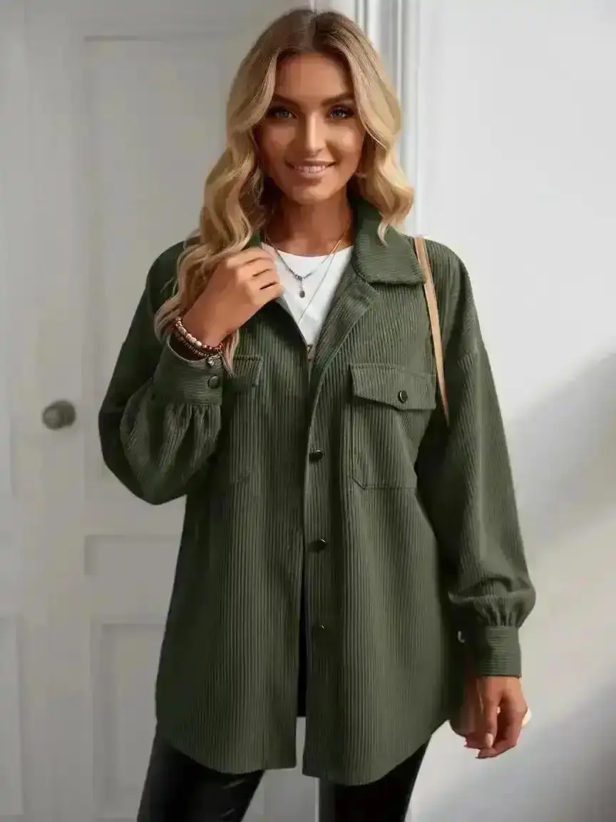 Casual Women's Solid Button Front Corduroy Coat Jackets, Casual Long Sleeve Collared Outerwear for Daily Wear, Ladies Fall & Winter Clothes, Relaxed Fit, Warm Style, Blazer Style, Wardrobe Essential, Street Style