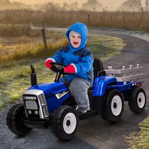 GARVEE 12V Toddler Electric Ride-On Tractor with Realistic Look, Trailer, Remote Control, 25W Motor, 2+1 Gear Shift, LED Lights, Tread Tires, MP3 Player, USB, 5mph Max Speed, Blue [Christmas Deal]