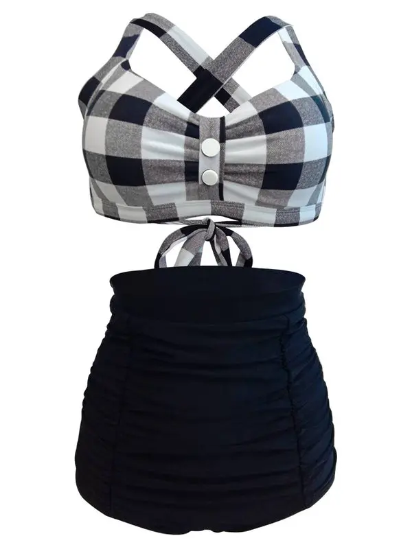 RETROSTAGE Women's 1950s Vintage Gingham Check 2-Piece Bikini Set - Crisscross Padded Top with Button Detail, High-Waisted Ruched Bottoms