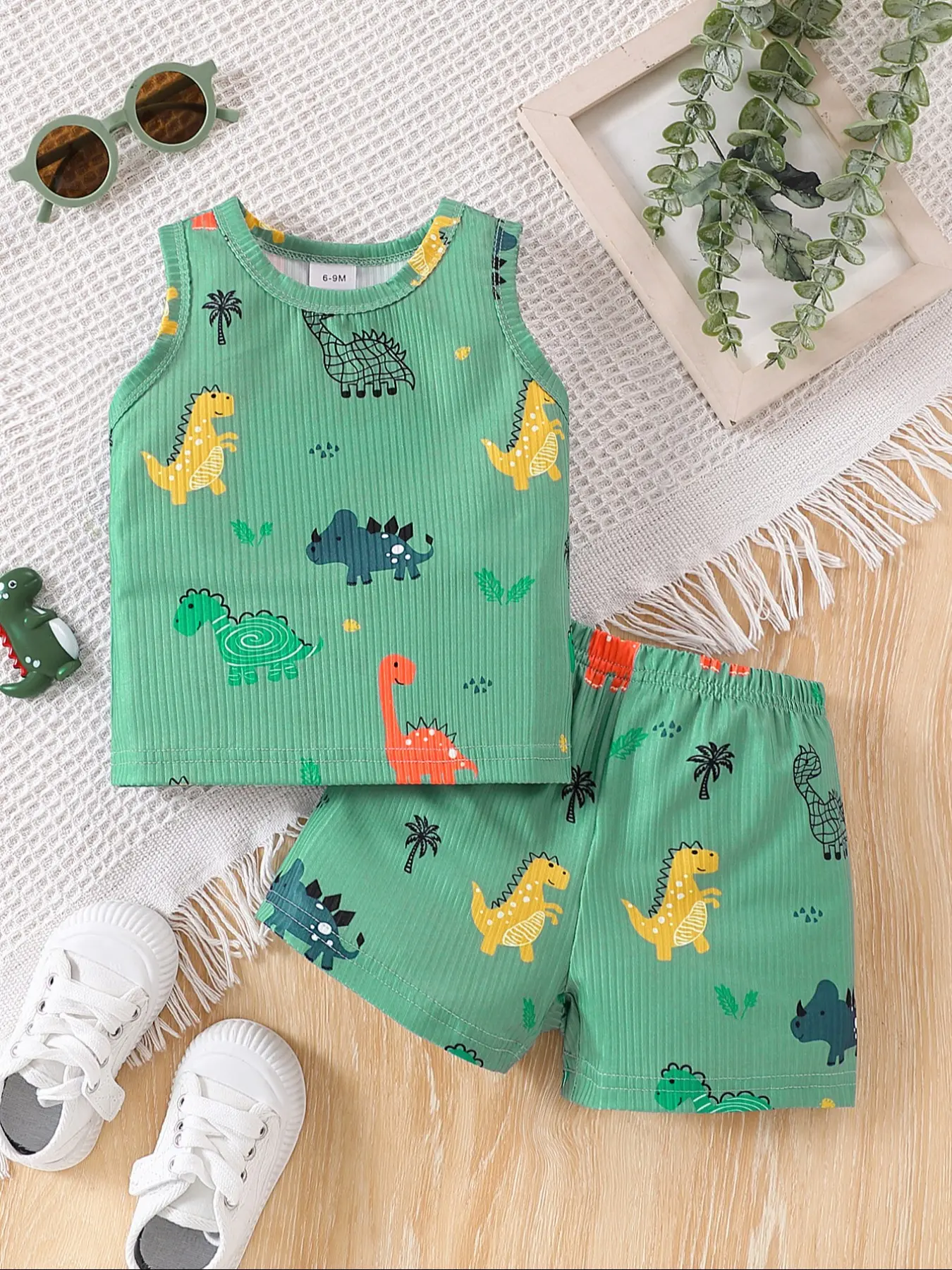 Boys' Toddler Dinosaur Print Sleeveless Set, Cartoon Print Set, Fresh, Breathable Textured Fabric, Summer Home & Outdoor Playwear