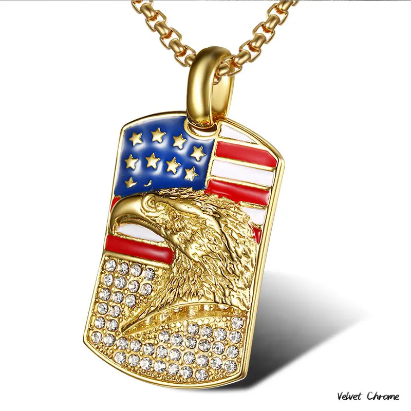 Male Hip Hop Necklace with American Flag Eagle Pendant, Gold-Plated with Diamond Inlay for Daily Wear - 24-Inch Patriotic Heavy Chain, Solid Stainless Steel, 3Mm X 24 Inches, Dual Elements, Anniversary, Enlistment Gift, Heavy Duty Construction, Long, Meta