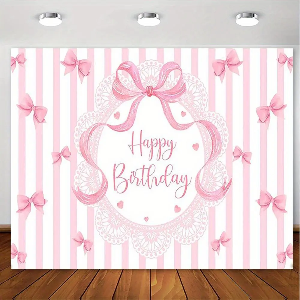 1pc 2D Flat Polyester Photography Backdrop - Extra Large, Soft, Durable Pink Coquettecore Glam Lace Banner with Happy Birthday Script, Hearts, Bows, White for Wedding, Photo Booth Decor