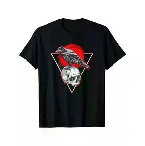 Gothic Inspired Black Crow And Red Moon Unisex Casual T-Shirt With Stretchable Cotton Blend Design