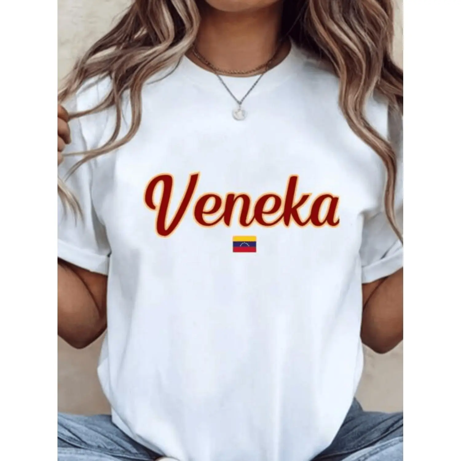 Women's Venezuela Flag Cotton T-shirt - Veneka Venezuela National Design Short Sleeve Crew Neck Top Casual Venezuelan Pride Apparel Suitable for Daily Wear Commute and Outdoor Ships from Local
