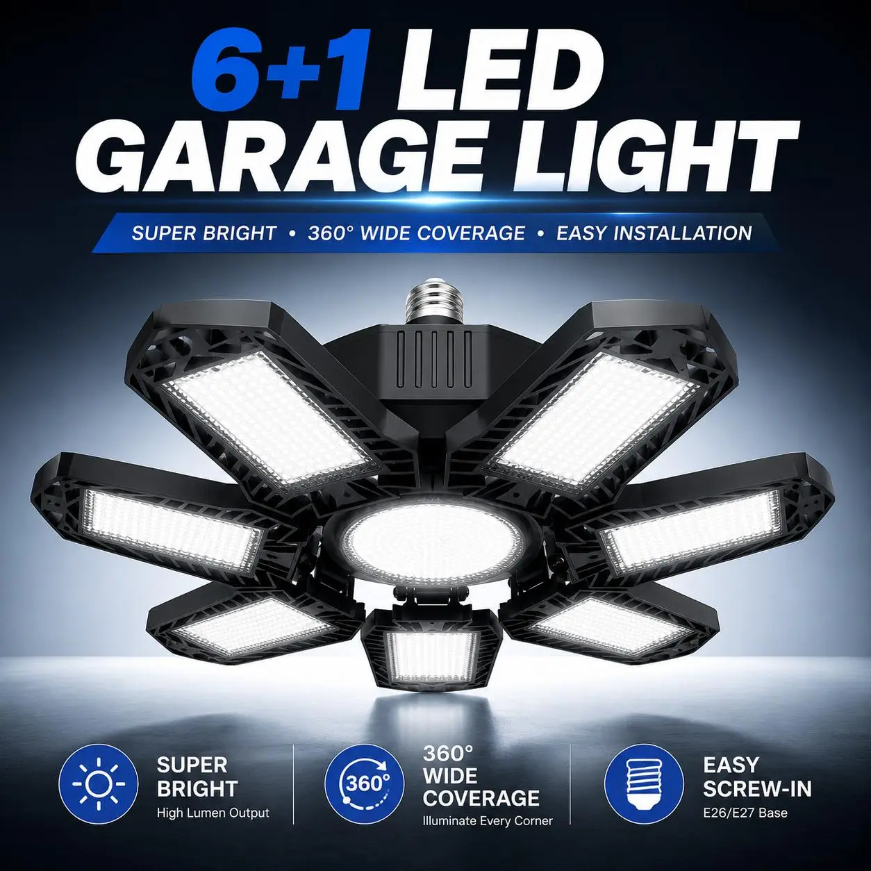 FOLDABLE GARAGE LIGHT 600W Deformable Bright Shop Ceiling Bulb Lamps E26/E27 6500k Barn Warehouse Garage Foldable 7+1 Panel Work Light Super Bright Illumination Easy Installation