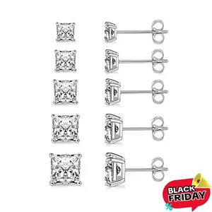 [Waterproof] Shengning Princess Cut 5 Pairs Square Clear Cubic Zirconia Hypoallergenic Stud Earring Pack Non Tarnish Unisex for Women Men E-0982