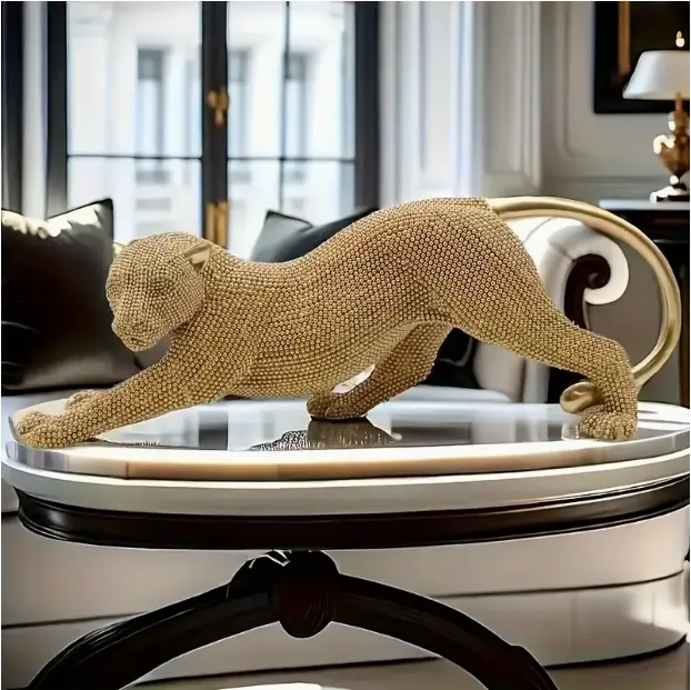 Leopard Resin Sculpture Elegant Beaded Design for TVStand & Office Decor Luxury Fengshui Home Art Giftcabinet ornament Graceful Beautiful desktop statueDurable Figurine in Black Gold Silver Real Bat panther statue