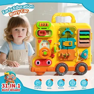 Early Education Busy Board - 31-in-1 Interactive Sensory Learning Activity Center with Music Lights Zippers Buttons Tactile Stimulation for Fine Motor Skills Development Hand-Eye Coordination Portable Car-Like Gift